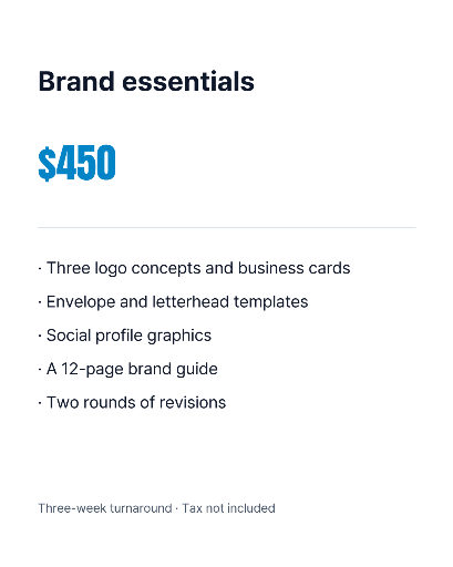 Brand design package price sheet