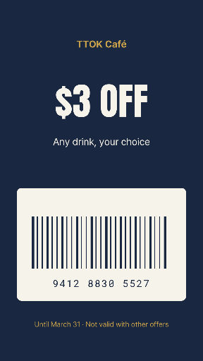 Mobile cafe voucher with barcode placeholder