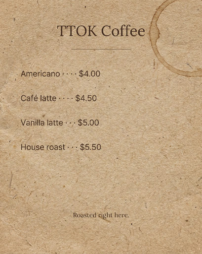 Kraft paper coffee menu