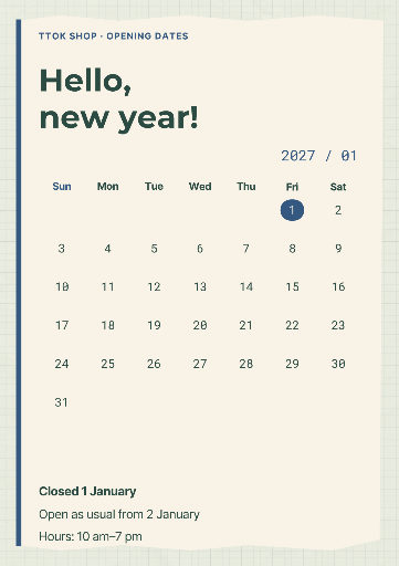 New Year shop opening notice