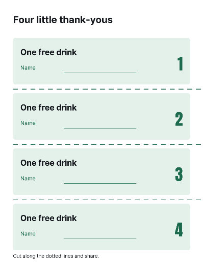 Four tear-off free drink vouchers