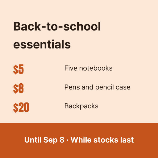 Back-to-school supplies price card