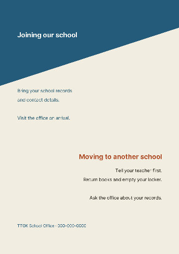 School transfer notice with diagonal color blocks