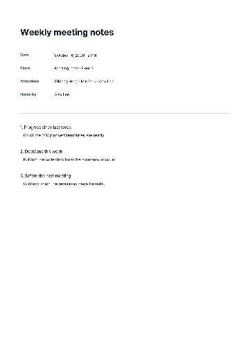 Weekly meeting notes with action items