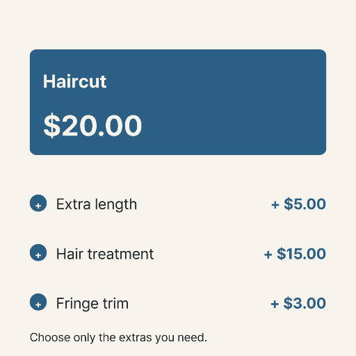 Hair salon cut and add-on price list
