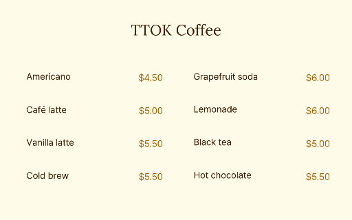 Wide two-column cafe drinks menu
