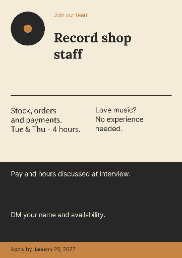 Record shop staff vacancy