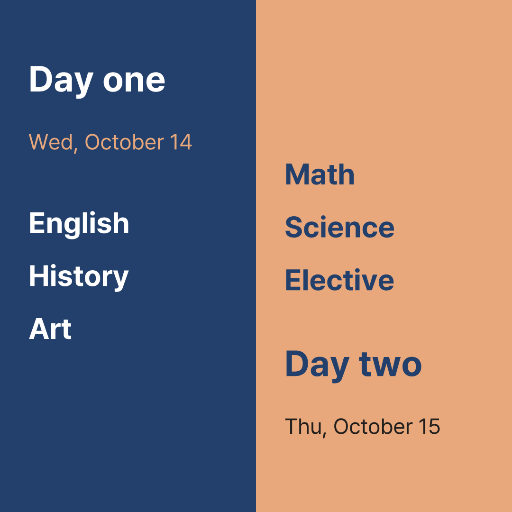 Two-day exam schedule card