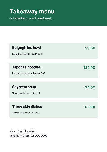 Korean takeaway menu with serving sizes