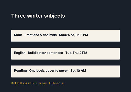 Three-subject winter class schedule