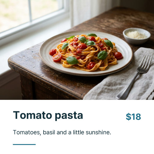 Summer tomato pasta menu card