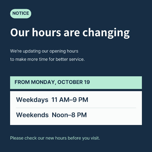 New opening hours business notice
