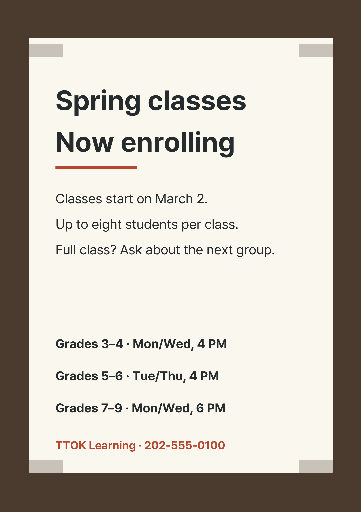 Small-group spring class enrollment poster