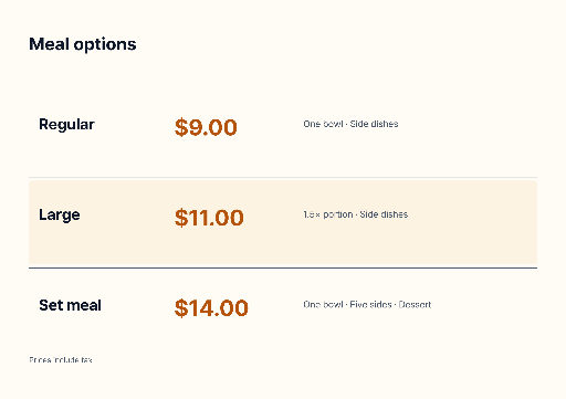 Three-option restaurant meal price list