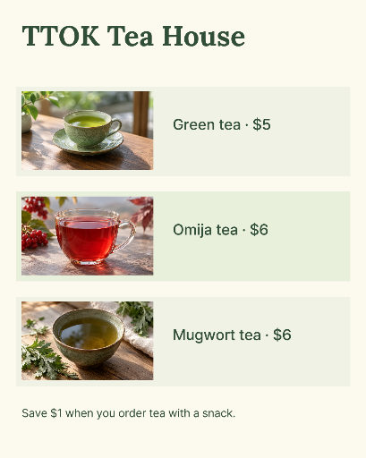 Korean tea house photo menu