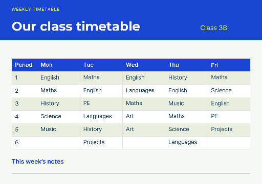 Weekly classroom timetable