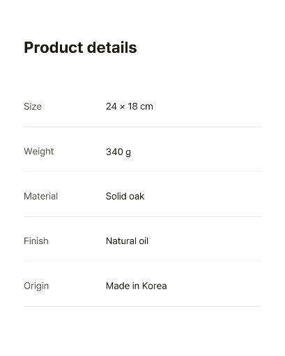 Oak product specification card