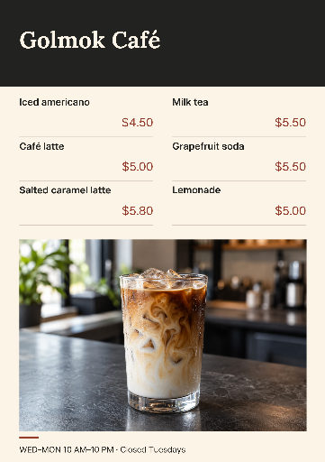 Coffee and iced drinks cafe menu