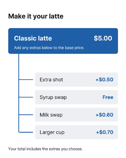 Latte extras branching price menu