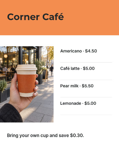 Takeaway drinks menu and reusable cup offer