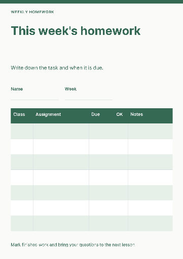 Weekly homework planner