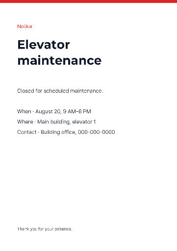 Elevator maintenance notice A4