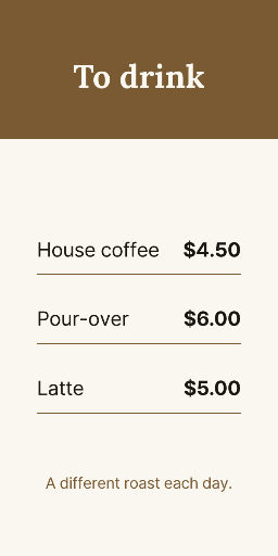 Two-sided coffee and cake table menu