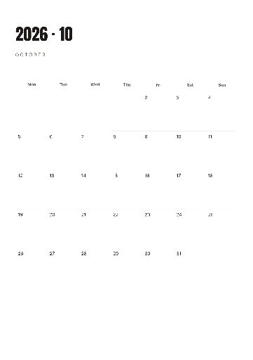 October 2026 Monday-start calendar