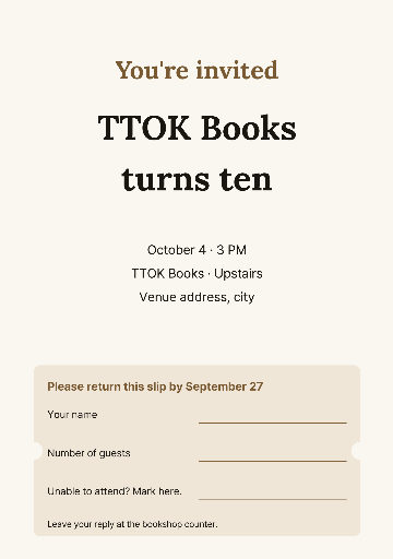 Bookshop anniversary invitation with tear-off reply