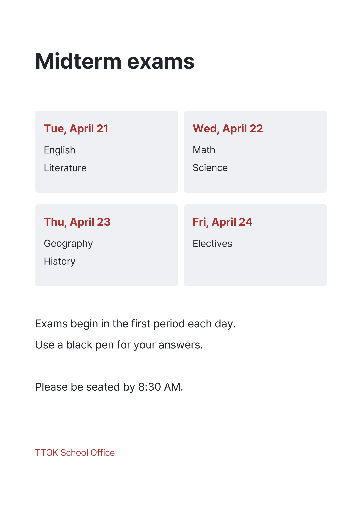 Four-day midterm exam schedule
