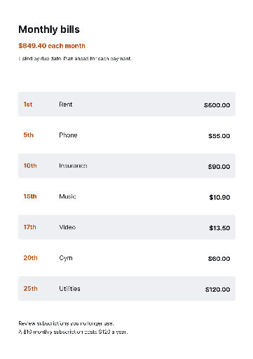 Monthly bills — A4 planner