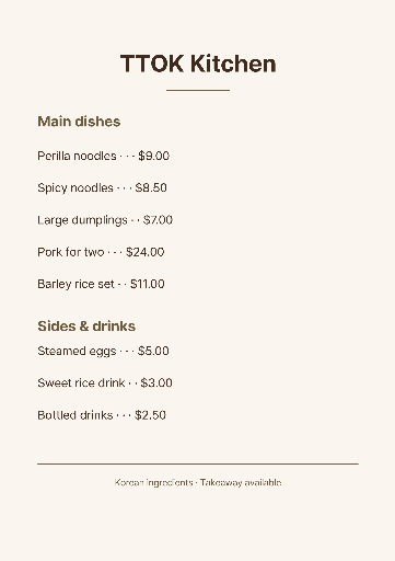Korean restaurant dishes and sides menu
