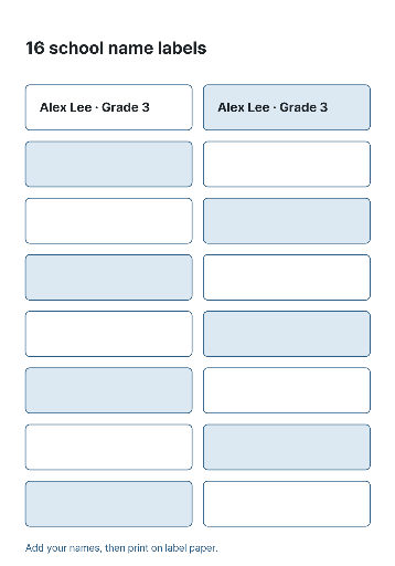 Sixteen blue school name labels