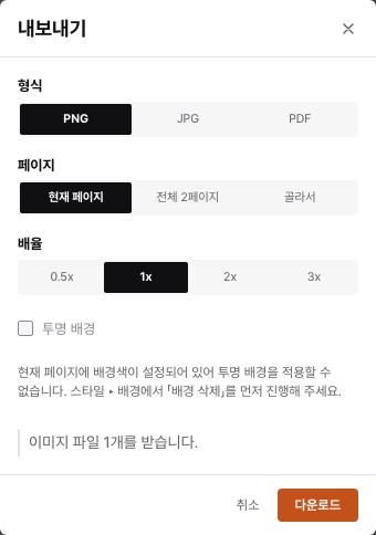 Export dialog with PNG, JPG, and PDF formats, page range, scale, and a Download button.